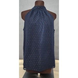 J.Crew Sz 4 Sleeveless Blouse Navy‎ Gold Sheer Lined Halter Neck Tank Top Career